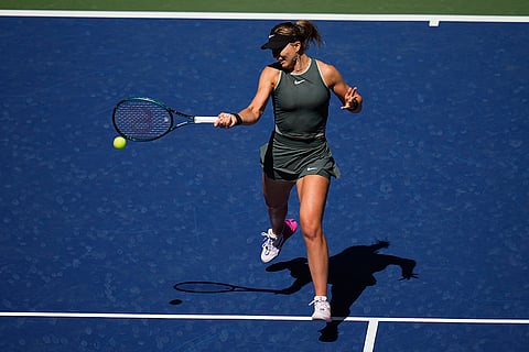 2024 US Open quarterfinals: Paula Badosa, of Spain, returns a shot to Emma Navarro, of the United States